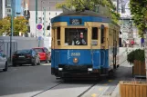 Christchurch Tramway line med motorvogn 1888 på Cathedral Square (2023)