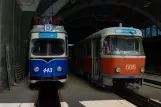 Kaliningrad ledvogn 443 inde i Tramvaynoye Depo (2012)