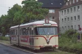 Postkort: Bremerhaven sporvognslinje 2 med ledvogn 83 nær Hauptbahnhof (1982)