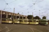 Postkort: Düsseldorf motorvogn 583 foran Betriebshof Lierenfeld (1988)