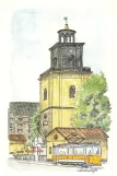 Postkort: Norrköping museumslinje 1  foran Stadstornet (1984)