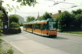 Postkort: Norrköping sporvognslinje 3 med lavgulvsledvogn 21 "Bremen" på Värmlandsgatan (2003)