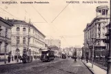 Postkort: Warszawa sporvognslinje 9 med motorvogn 107 på Krakowskie Przedmieście (1908)