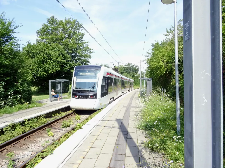 Aarhus letbanelinje L2 med lavgulvsledvogn 2105-2205 ved Mølleparken (2021)