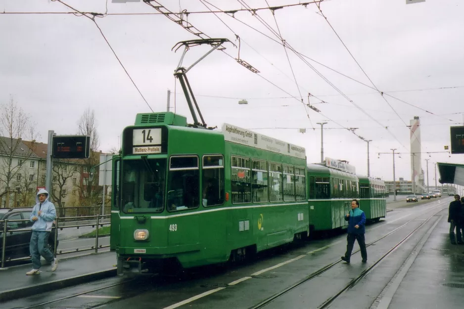 Basel sporvognslinje 14 med motorvogn 493 ved Dreirosenbrücke (2006)