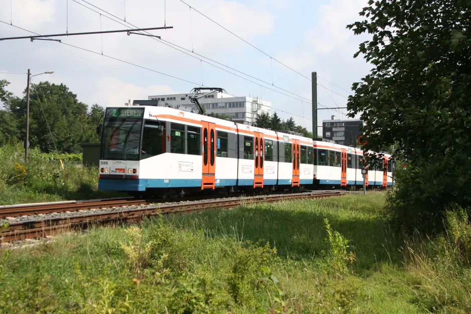 Bielefeld sporvognslinje 2 med ledvogn 586 nær Am Wellbach (2006)