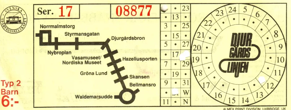 Børnebillet til Djurgårdslinjen 7N, forsiden (1992)