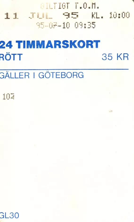 Dagkort til Göteborgs Spårvägar (GS), bagsiden (1995)