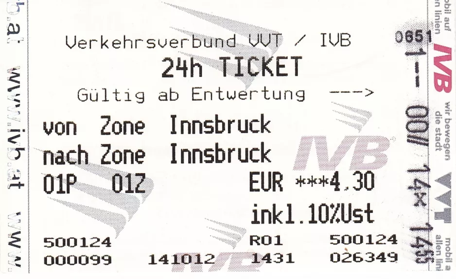 Dagkort til Innsbrucker Verkehrsbetriebe (IVB), forsiden (2012)