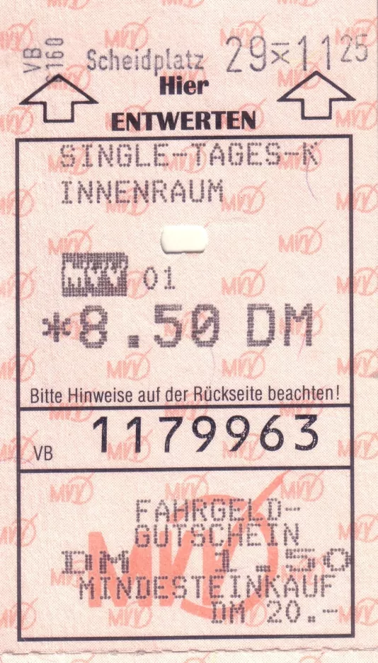 Dagkort til Münchner Verkehrsgesellschaft (MVG), forsiden (1998)