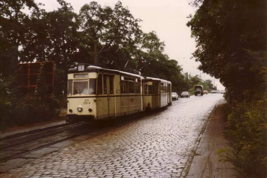 Dresden sporvognslinje 1 med motorvogn 213 215-0 nær Kemnitz (1990)