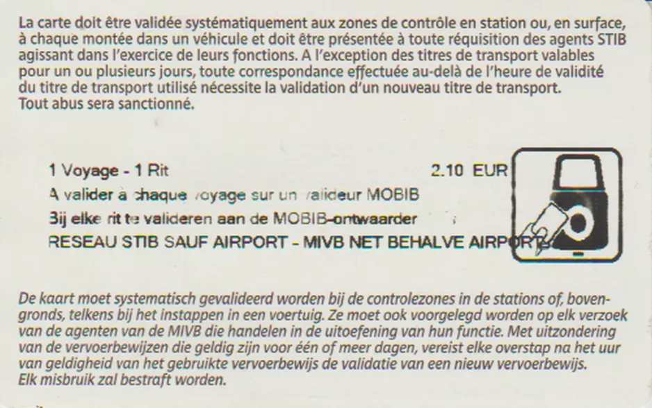 Enkeltbillet til Bruxelles Interkommunale Transport Selskab (MIVB/STIB), bagsiden (2017)