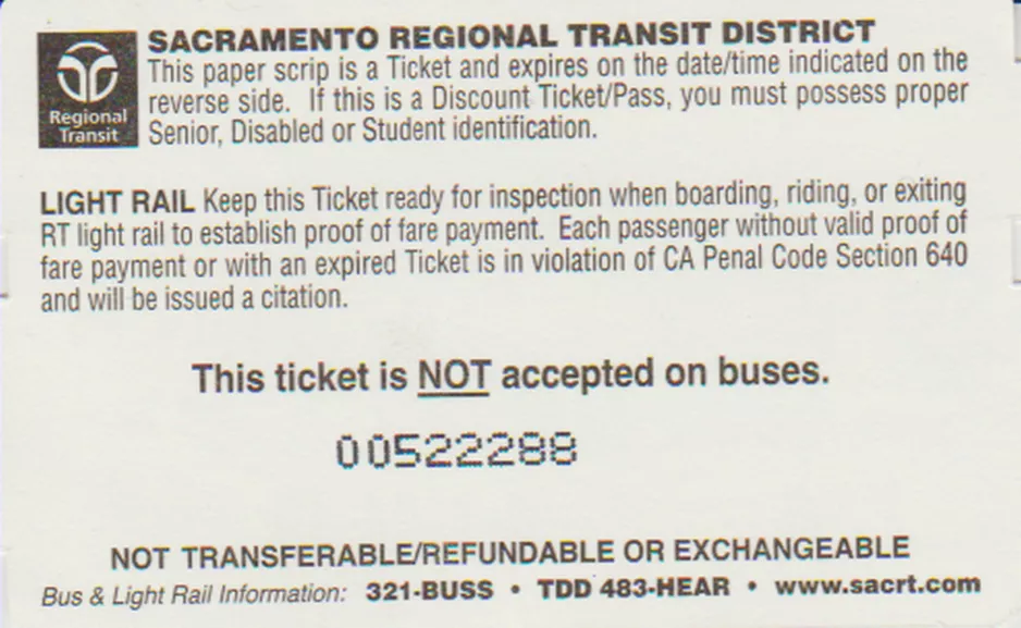 Enkeltbillet til Sacramento Regional Transit District (SacRT), bagsiden (2019)