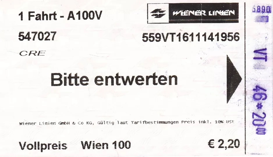 Enkeltbillet til Wiener Linien, forsiden (2014)