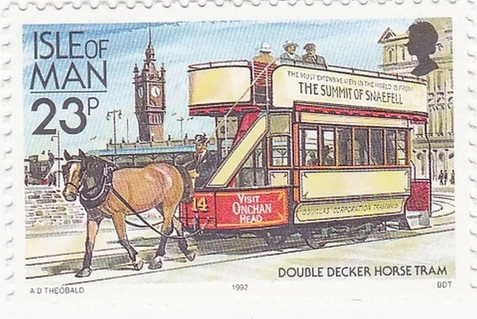 Frimærke: Douglas, Isle of Man Horse Drawn Trams med åben dobbeltdækker-hestesporvogn 14 (1992)