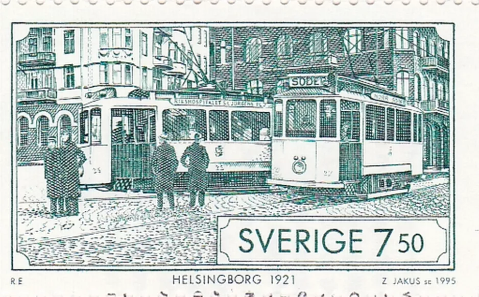 Frimærke: Helsingborg sporvognslinje 5 på S:T Jörgens Plads (1995)