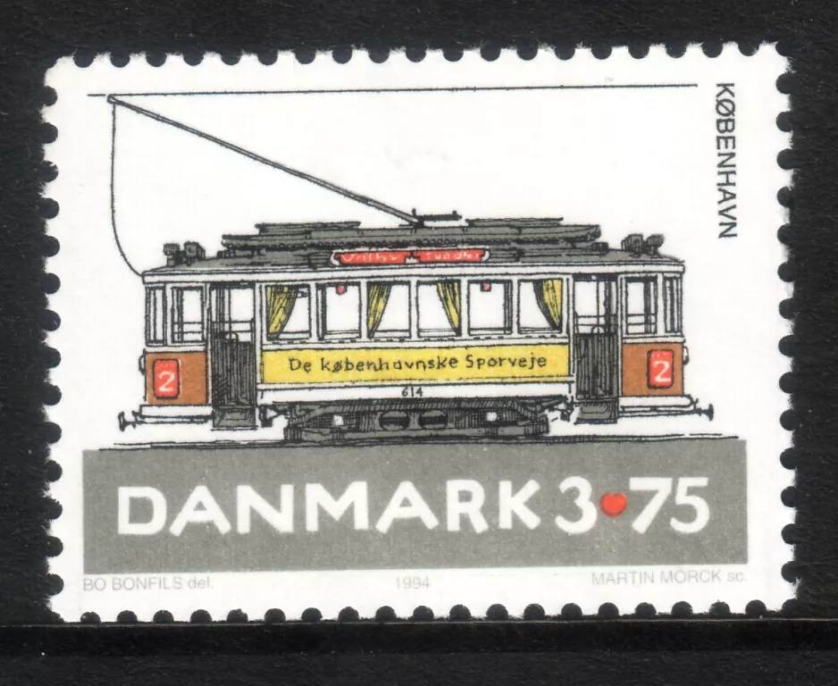 Frimærke: København sporvognslinje 2 med motorvogn 614 (1994)