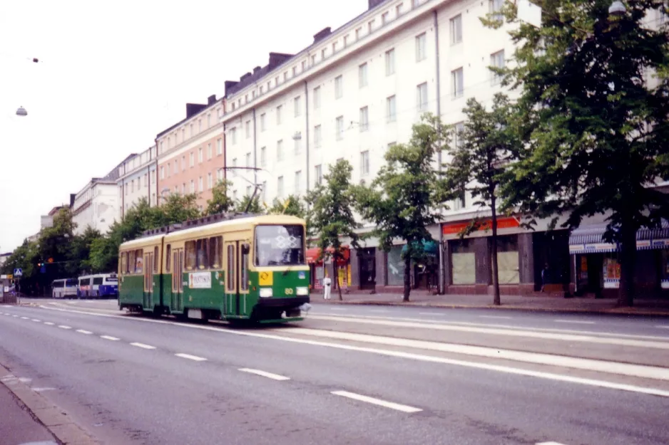 Helsingfors sporvognslinje 7B med ledvogn 80 på Mannerheimvägen/Mannerheiminte  (1992)