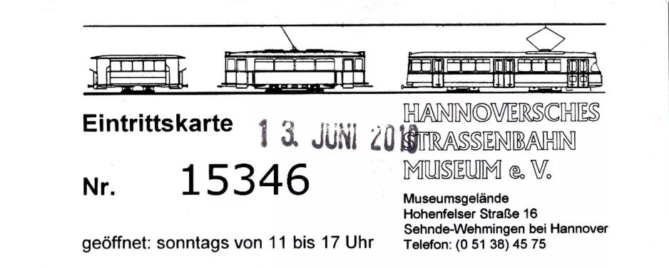 Indgangsbillet til Hannoversches Straßenbahn-Museum (HSM) (2010)