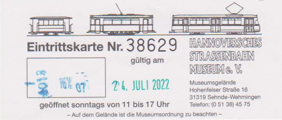 Indgangsbillet til Hannoversches Straßenbahn-Museum (HSM) (2022)