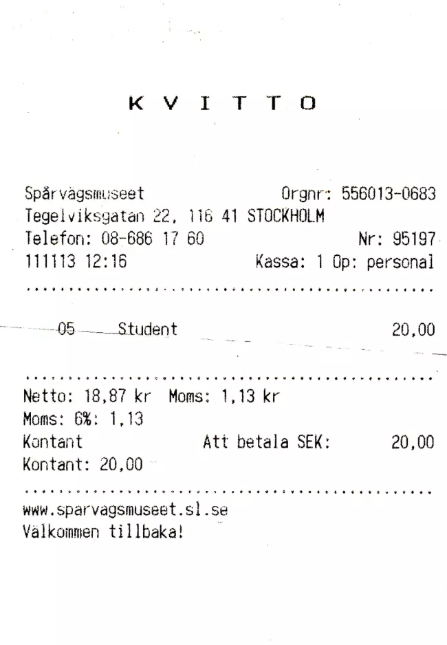 Indgangsbillet til Spårvägsmuseet i Stockholm (2011)