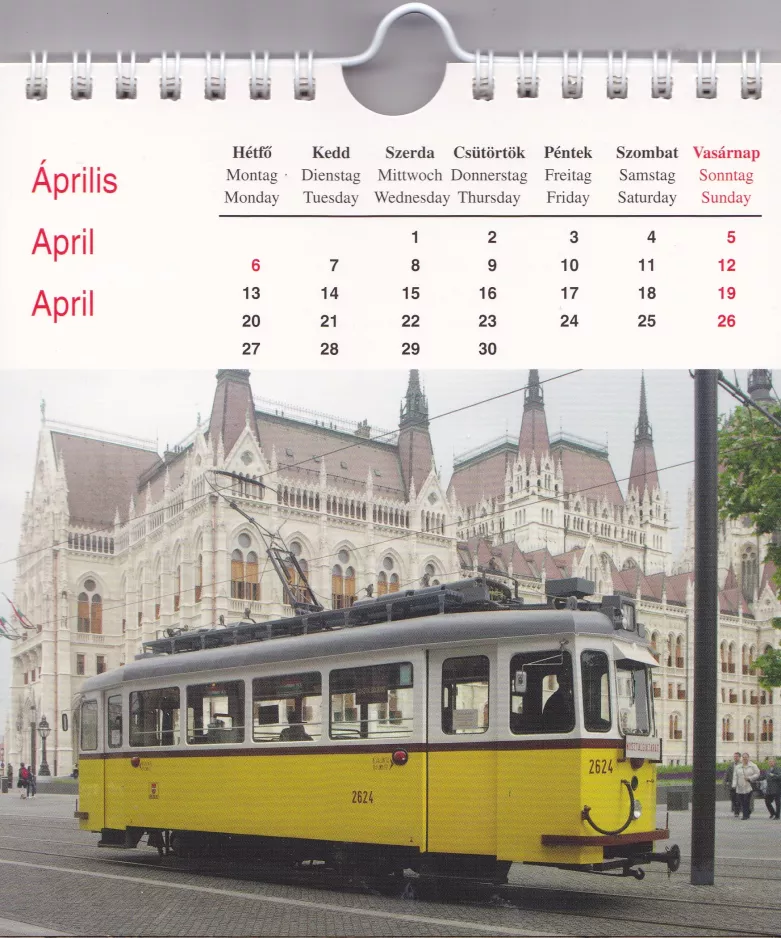 Kalender: Budapest museumslinje N19 Nosztalgia med museumsvogn 2624 ved Kossuth Lajos tér M (2014)