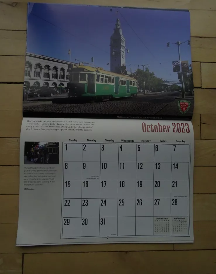 Kalender: San Francisco E-Embarcadero Steetcar med motorvogn 496 ved Embarcadero & Ferry Building (2023)
