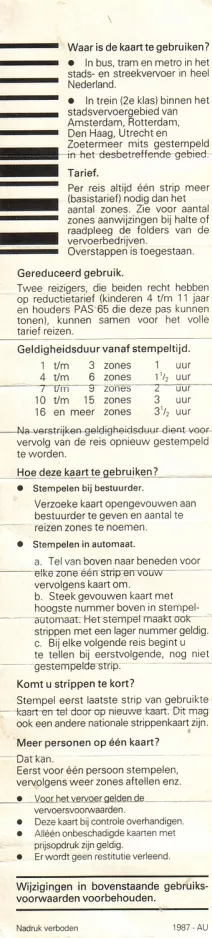 Klippekort til HTM Personenvervoer N.V., bagsiden (1987)