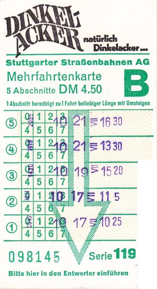 Klippekort til Stuttgarter Straßenbahnen (SSB), forsiden (1970)