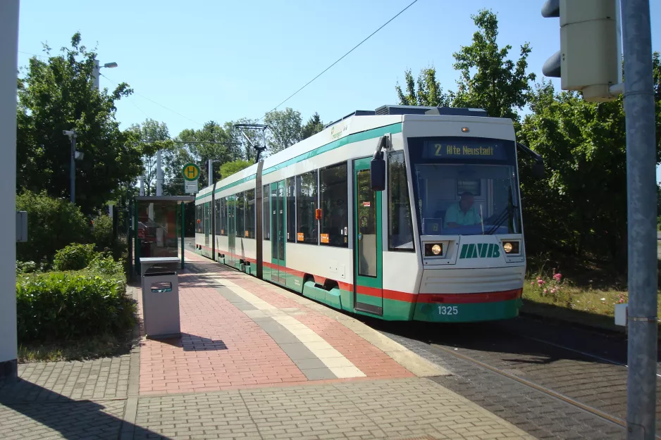 Magdeburg sporvognslinje 2 med lavgulvsledvogn 1325 ved Westerhüsen (2015)