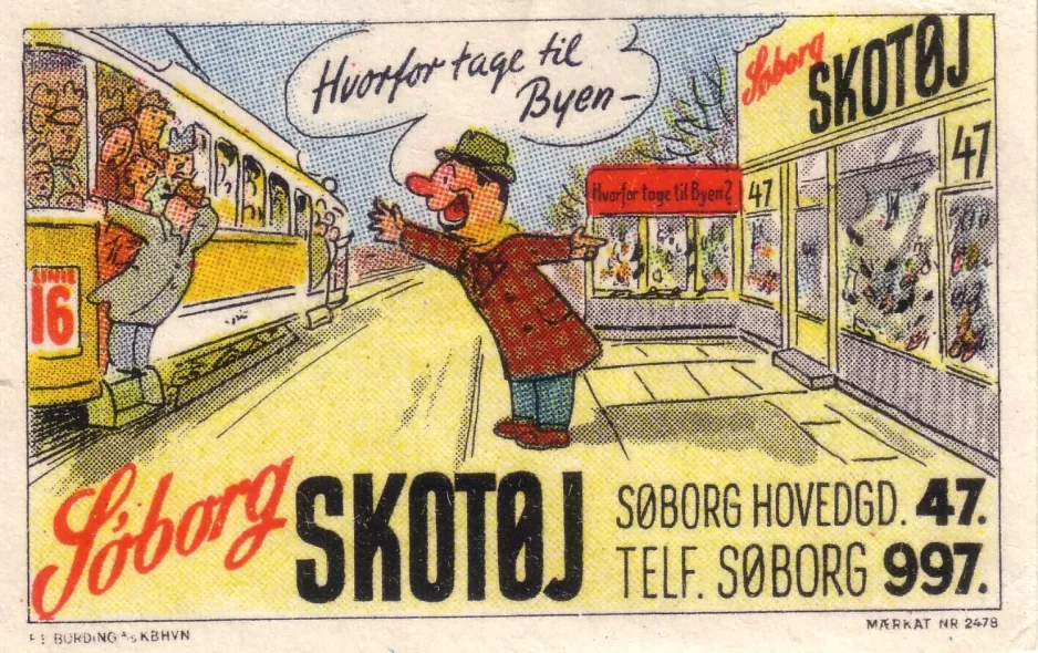 Papmærke: København sporvognslinje 16 på Søborg Hovedgade (1934)