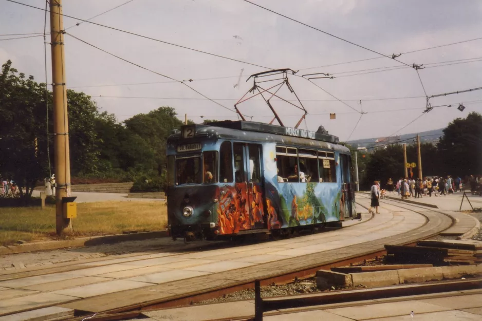 Plauen sporvognslinje 2 med motorvogn 73 på Tunnel (1990)