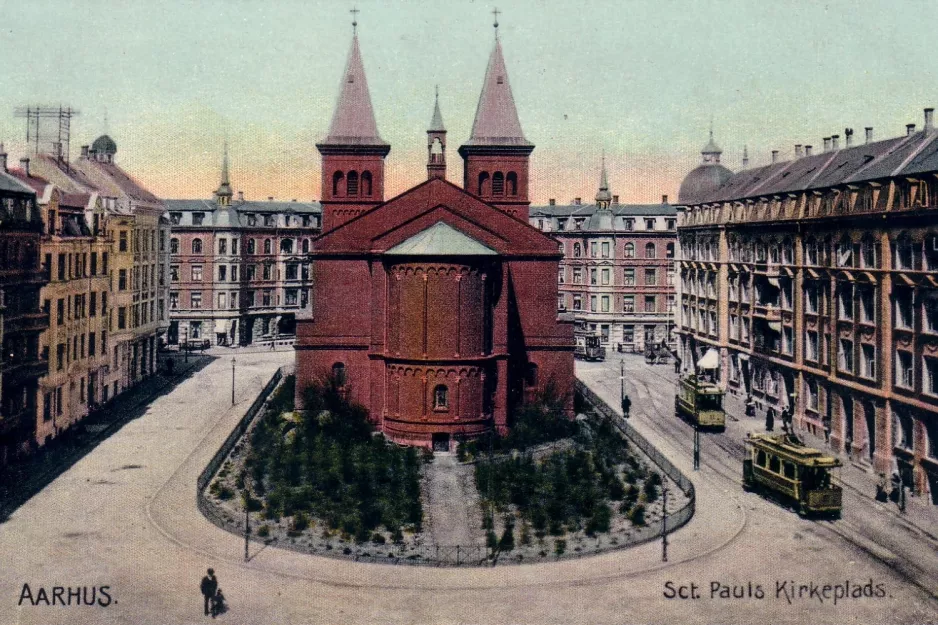 Postkort: Aarhus sporvognslinje 1 på Sct. Pauls Kirkeplads (1904)