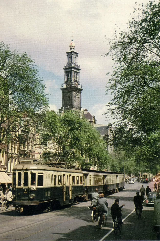 Postkort: Amsterdam regionallinje M med motorvogn A 451 på Rozengracht (1955)