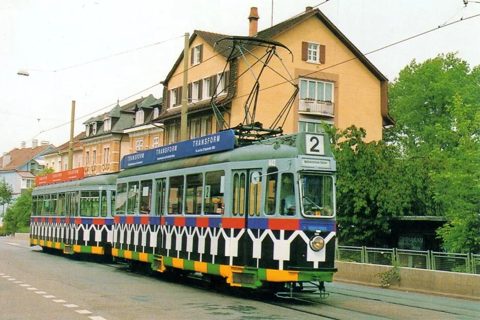 Postkort: Basel sporvognslinje 2 med motorvogn 443 på Hauptstrasse (1992)