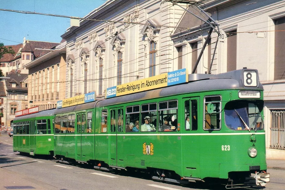 Postkort: Basel sporvognslinje 8 med ledvogn 623 på Steinenberg (1991)