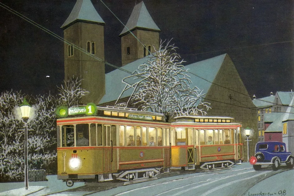 Postkort: Bergen sporvognslinje 1 med motorvogn 111 på Øvregaten (1939)