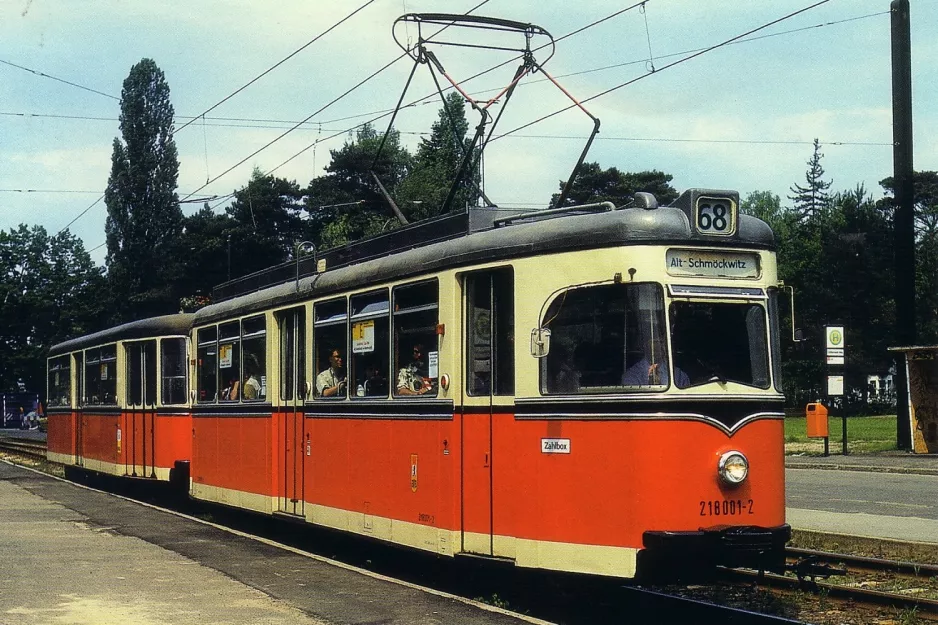 Postkort: Berlin motorvogn 218 001-2 ved Regattastraße / Sportpromenade (1996)