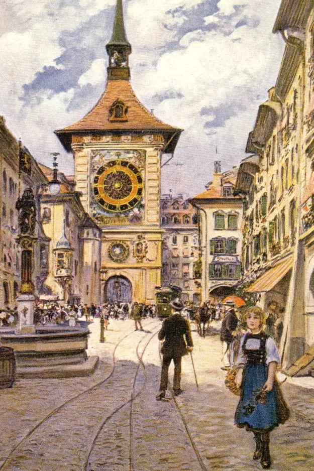 Postkort: Bern foran Kähringerbrunnen og Zeitglockenturm (1896)