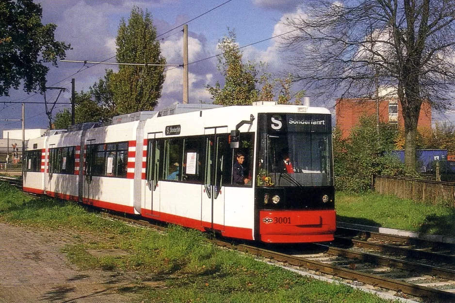 Postkort: Bremen lavgulvsledvogn 3001 på Eduard-Schopf-Allee (1993)