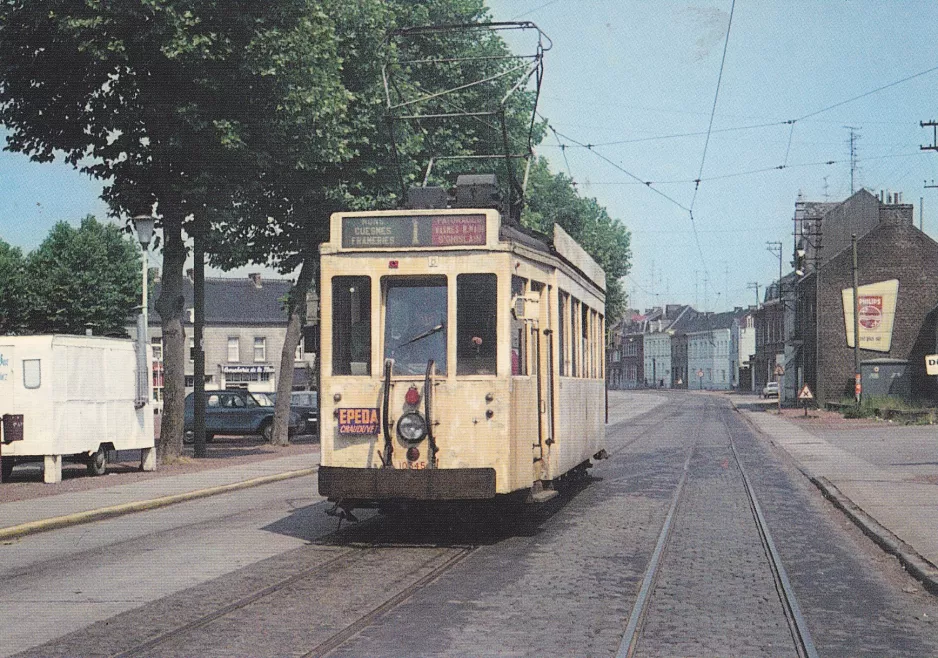 Postkort: Bruxelles regionallinje 1 med motorvogn 10345 på Place Communale (1967)