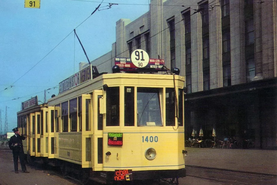 Postkort: Bruxelles sporvognslinje 91 med motorvogn 1400 ved Gade du Nord-Esplanade (1960)