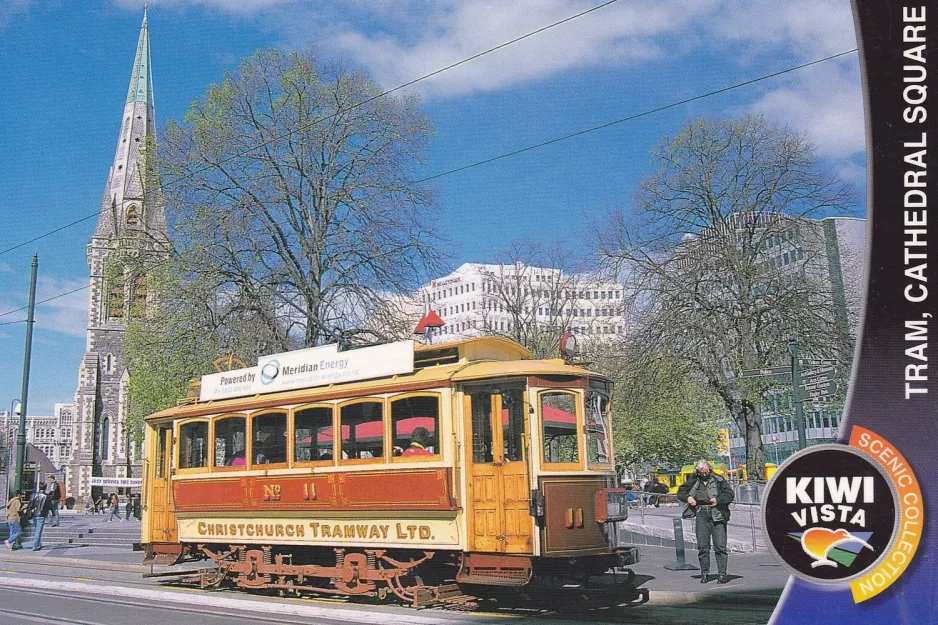 Postkort: Christchurch Tramway line med motorvogn 11 på Cathedral Square (2010)