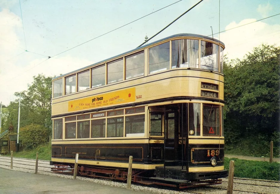 Postkort: Crich dobbeltdækker-motorvogn 189 på Tramway Village (1970)