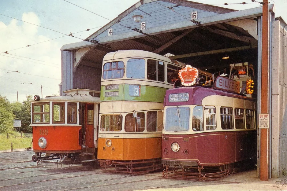 Postkort: Crich motorvogn 180 i Exhibition Hall (1970)