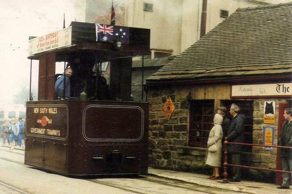 Postkort: Crich museumslinje med dampmotorvogn nær Booksshop (1970)