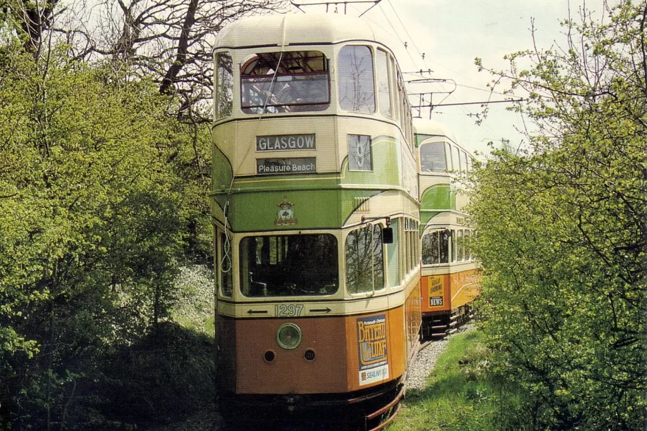 Postkort: Crich museumslinje med dobbeltdækker-motorvogn 1297 ved Glory Mine terminus (1970)