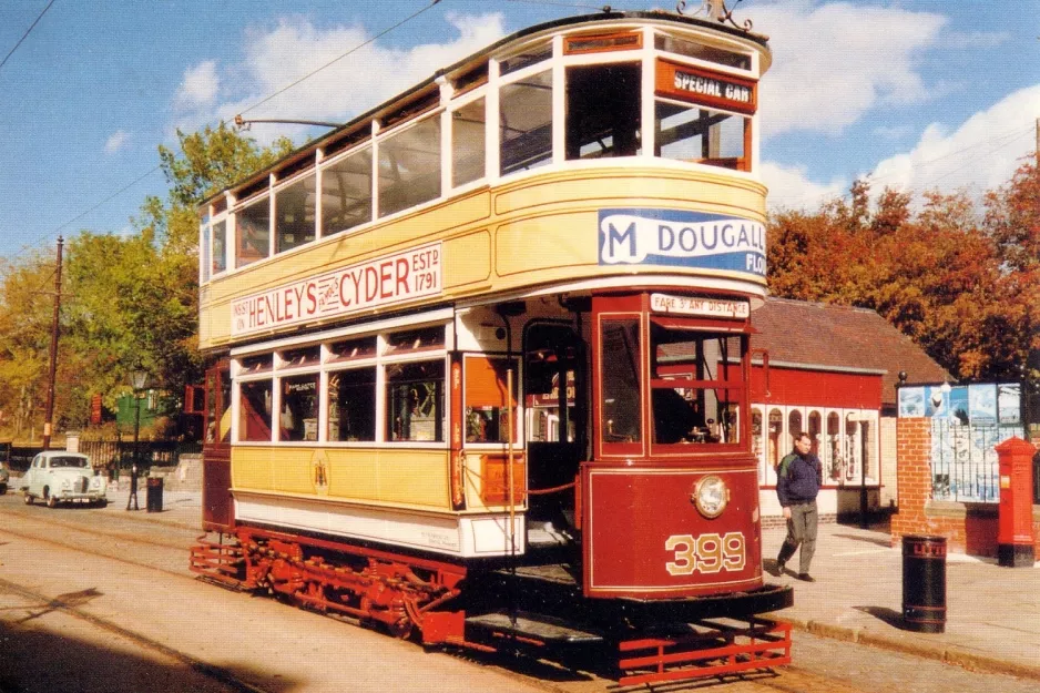 Postkort: Crich museumslinje med dobbeltdækker-motorvogn 399 ved Stephenson Place (1978)