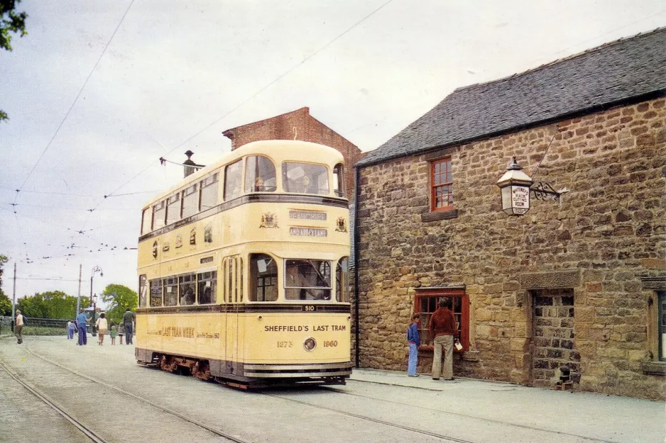 Postkort: Crich museumslinje med dobbeltdækker-motorvogn 510 på Tramway Village (1970)