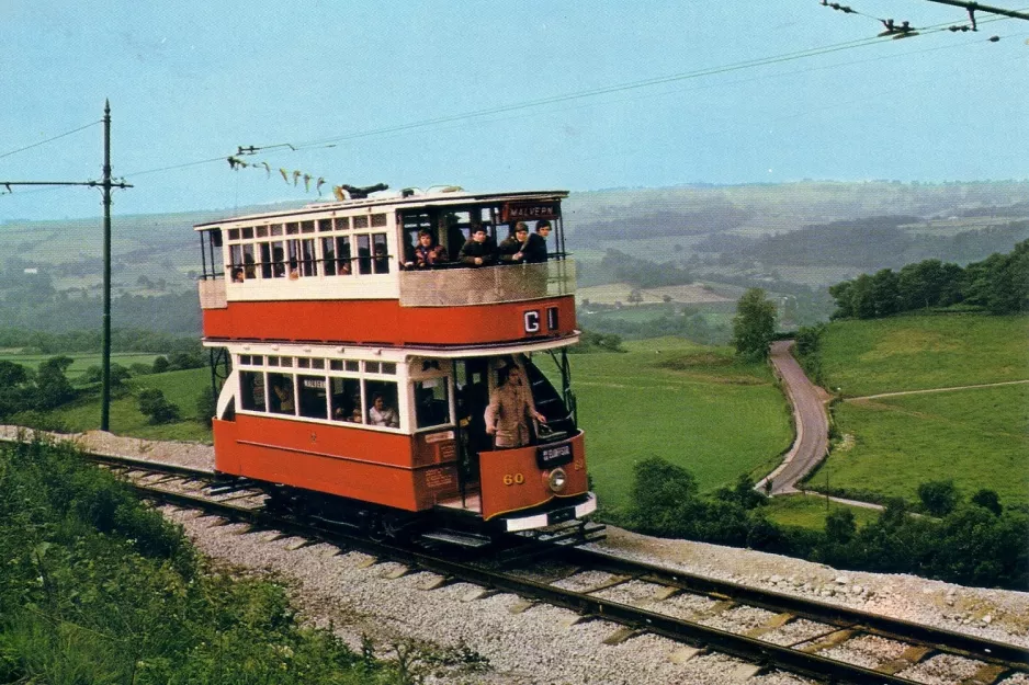 Postkort: Crich museumslinje med dobbeltdækker-motorvogn 60 ved Glory Mine terminus (1970)